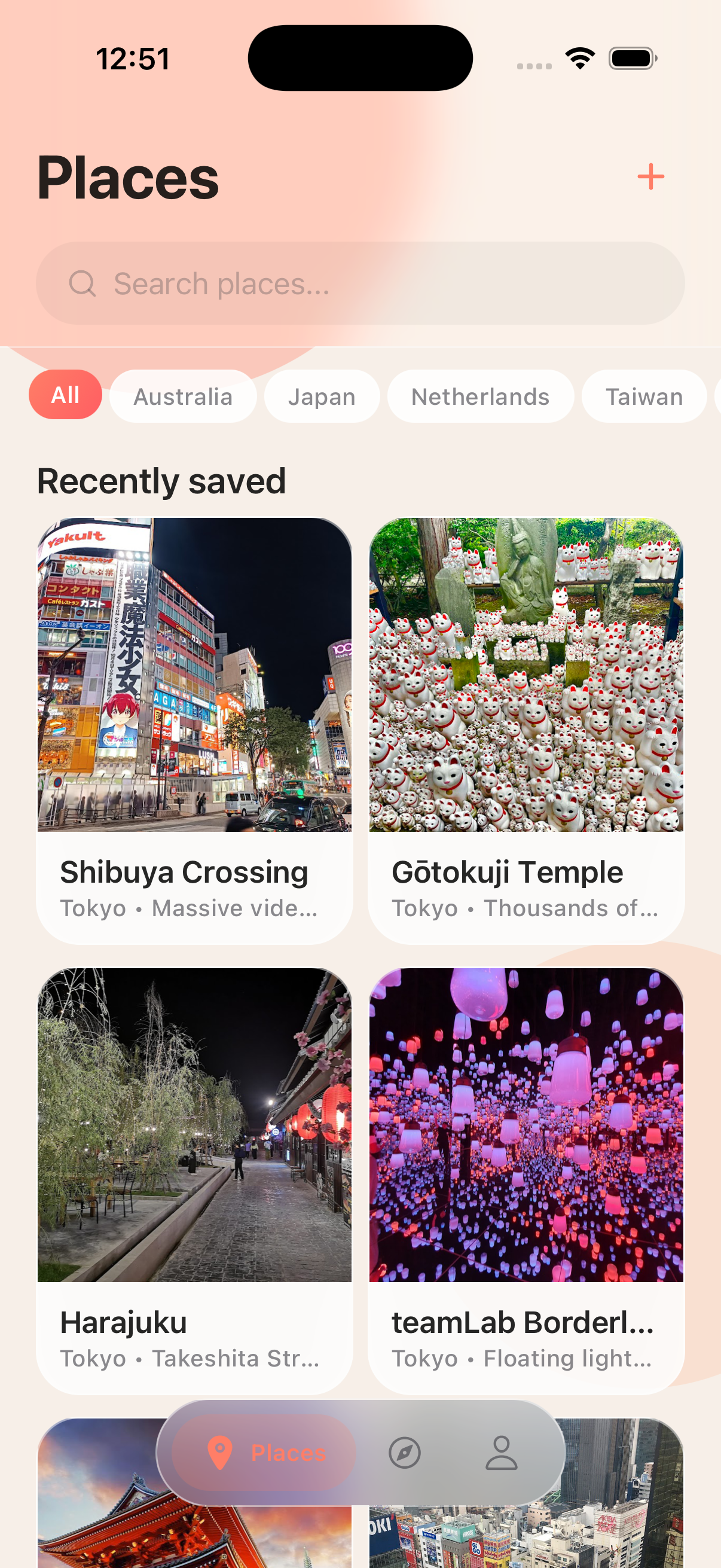 TripStash app showing saved places from Tokyo